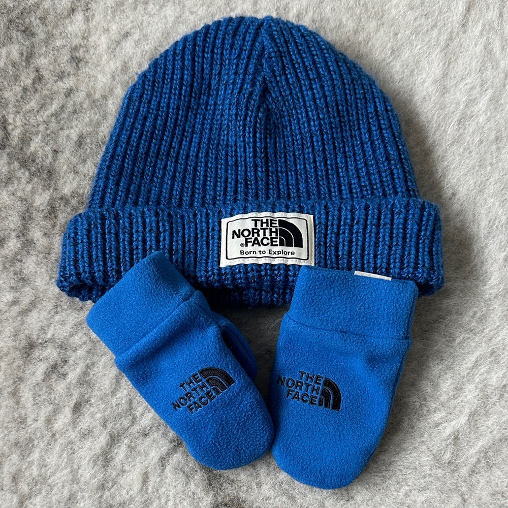 The North Face Kids Blue Knit Hat and Mittens